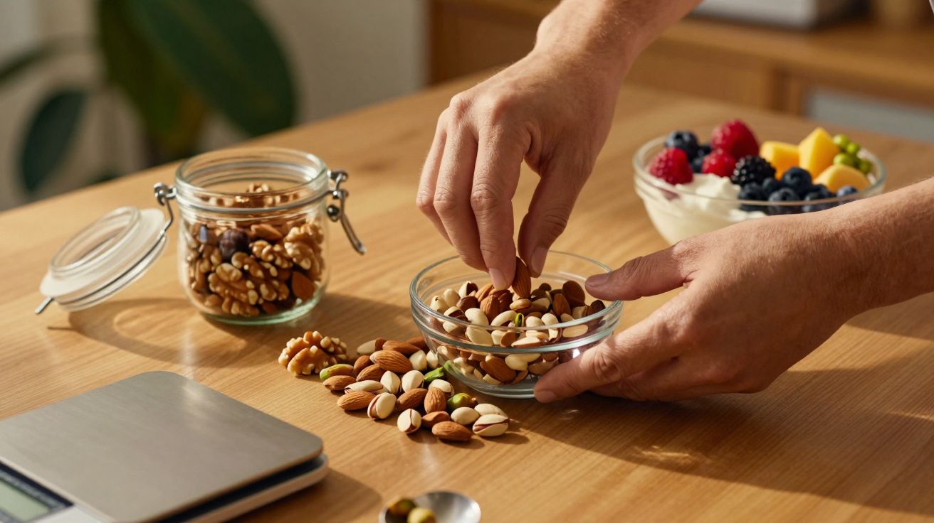 Manos seleccionando frutos secos de un cuenco sobre una mesa de madera, junto a tarros de cristal y un bol de frutas.