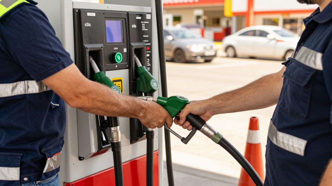 Dos personas sosteniendo una manguera de gasolina en una estación de servicio con coches en el fondo.