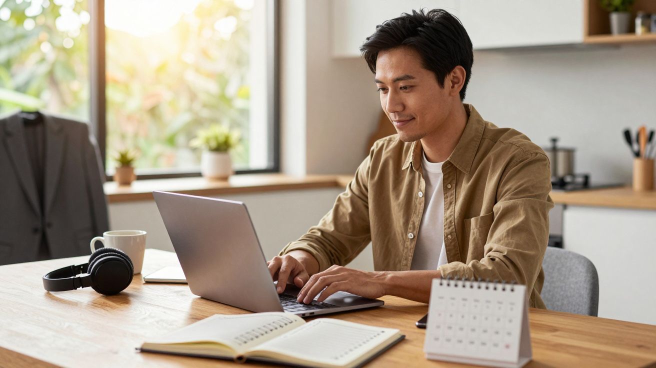 Hombre trabajando en un portátil en una mesa, con auriculares al lado y una agenda abierta en una oficina luminosa.