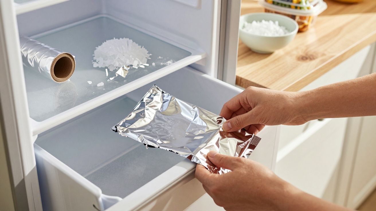 Manos colocando comida envuelta en papel de aluminio en un congelador con escarcha y un rollo de papel de aluminio.