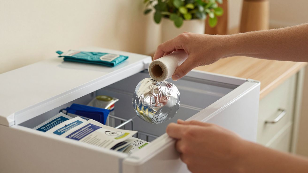 Mano sosteniendo papel film frente a congelador abierto con alimentos almacenados.