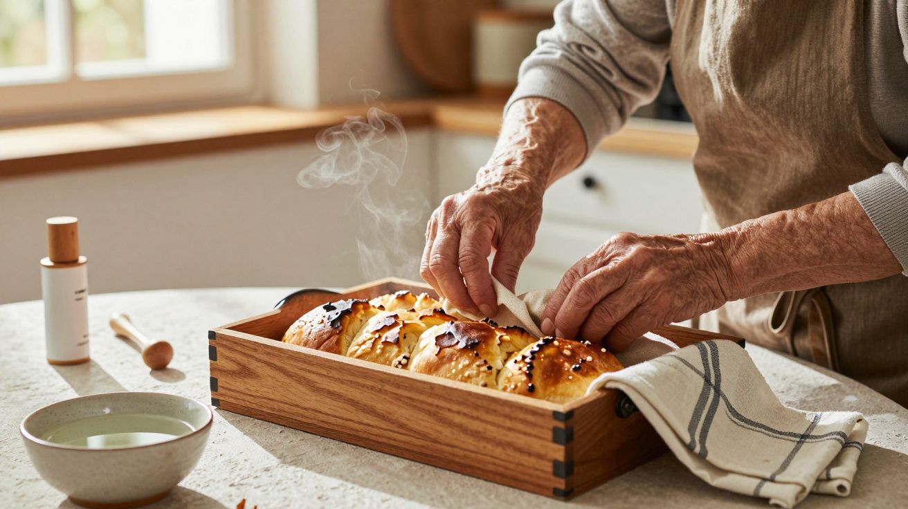 Persona sacando pan recién horneado de una bandeja de madera en una cocina iluminada.