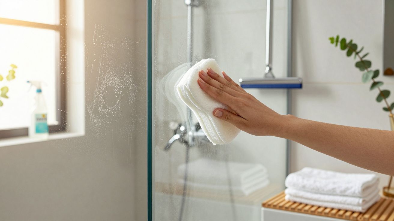 Mano limpiando un cristal de ducha con un paño blanco en un baño iluminado, con toallas en el fondo.