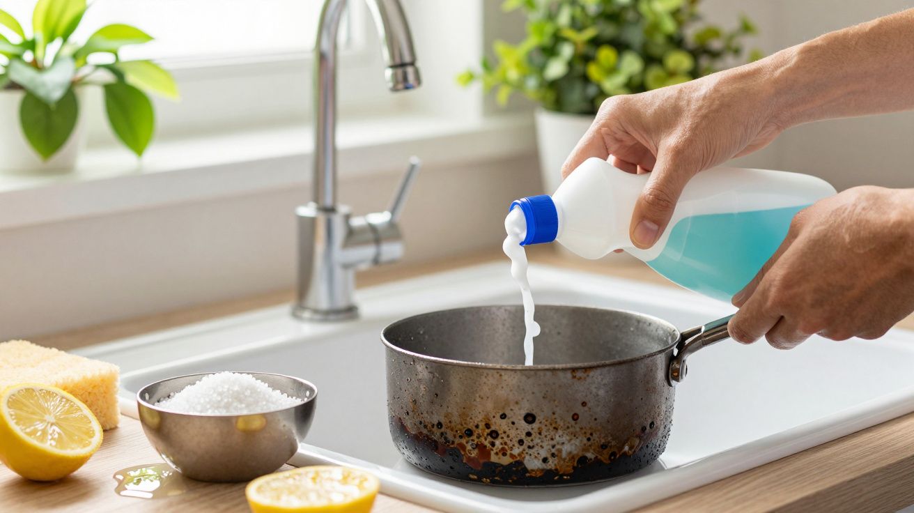 Manos vertiendo limpiador en una olla quemada en el fregadero, junto a un limón, sal y esponja.