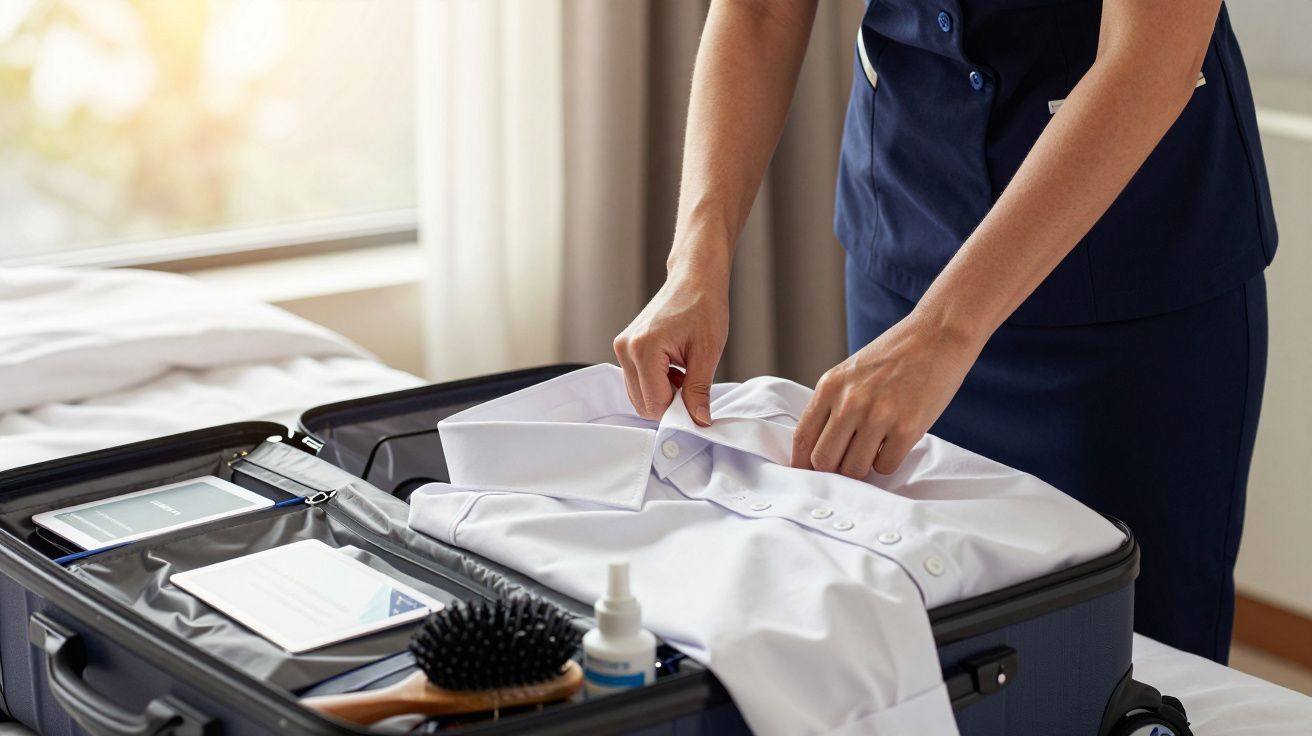 Persona empacando camisa blanca en maleta, junto a cepillo y frasco, en habitación iluminada por luz natural.