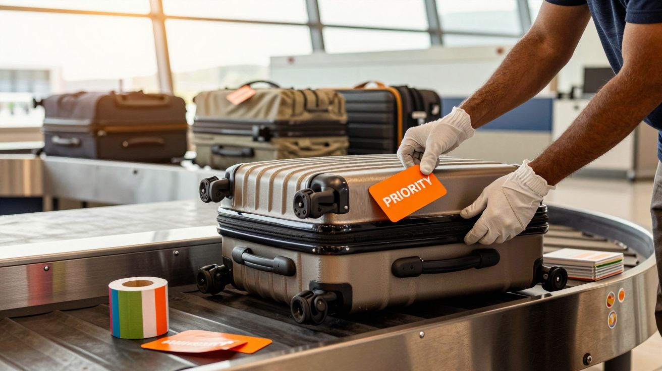 Hombre con guantes colocando etiqueta de prioridad en maleta gris en cinta transportadora del aeropuerto.