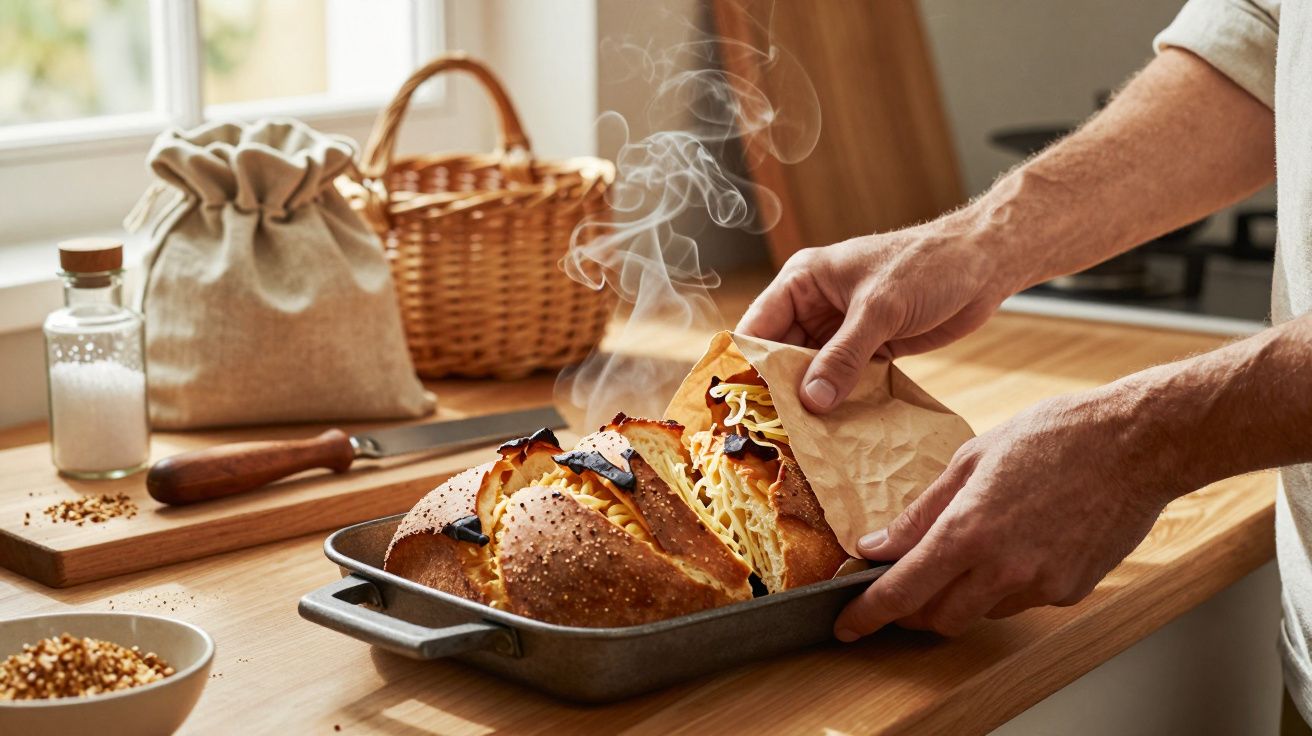 Manos sacando pan recién horneado relleno de pasta de una bandeja en una cocina acogedora.