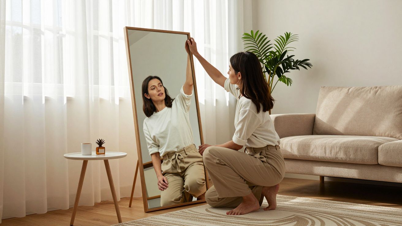 Mujer agachada ajustando un espejo en una sala de estar luminosa con sofá y planta decorativa.