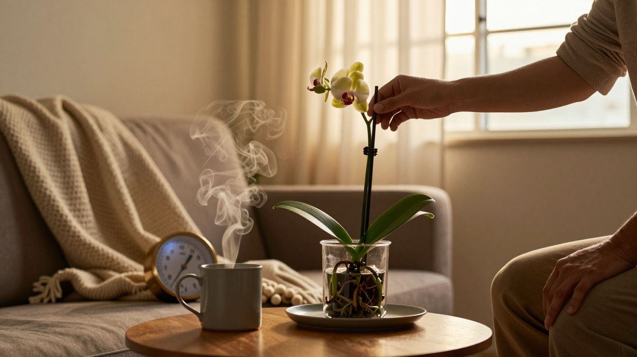 Persona cuidando una orquídea en una sala de estar con taza humeante y despertador sobre la mesa.