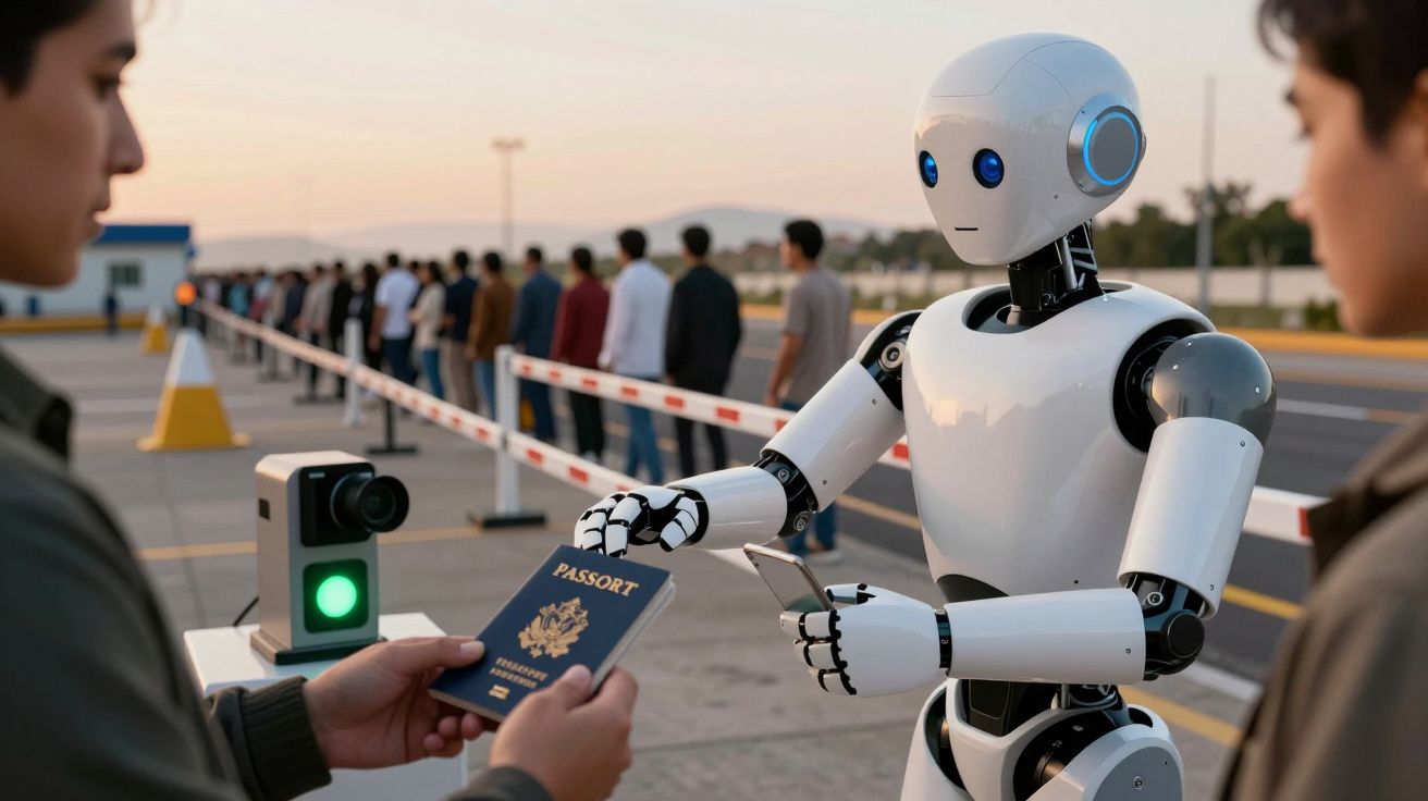 Robot revisando pasaporte a una persona en un control de acceso aeroportuario, con fila de personas al fondo.