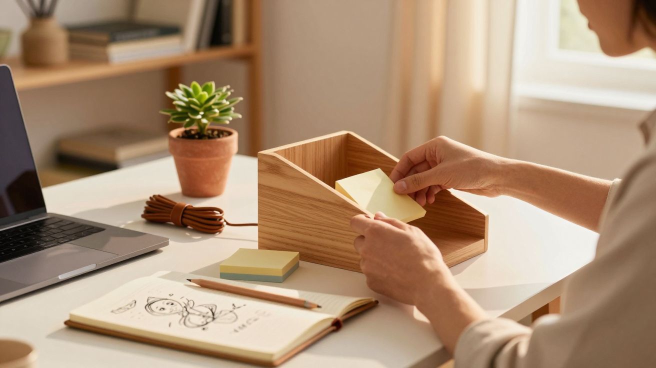 Persona organizando notas adhesivas en un escritorio con portátil, cuaderno y planta pequeña junto a una ventana.