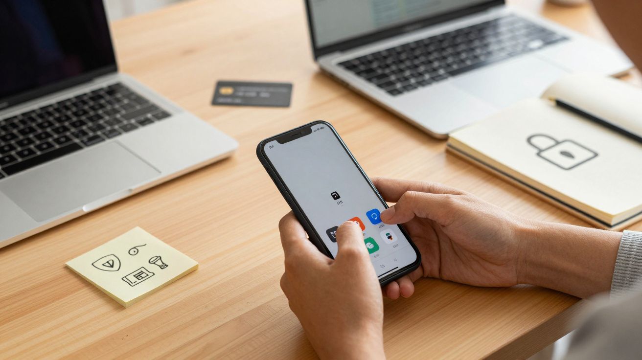 Persona usando un smartphone frente a dos portátiles y notas adhesivas en una mesa de oficina.