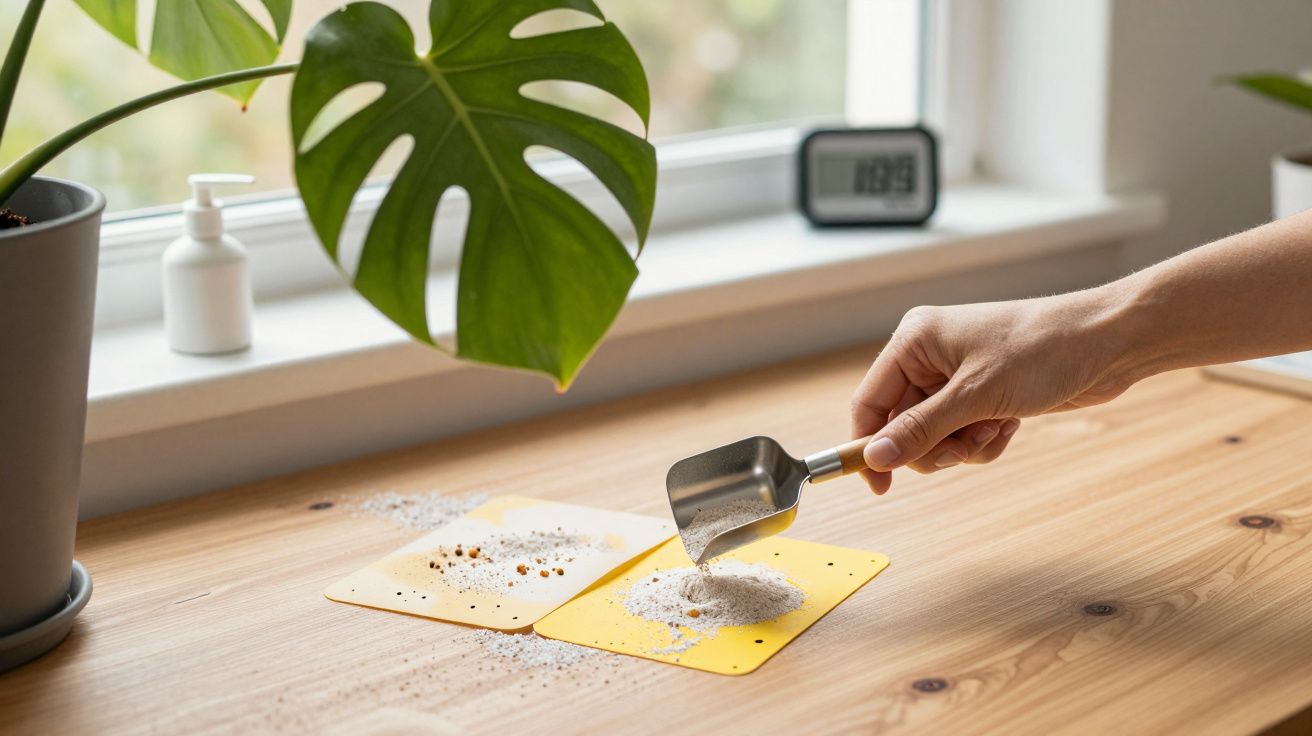 Mano esparciendo arena en tarjetas amarillas sobre una mesa de madera junto a una planta y un reloj digital.