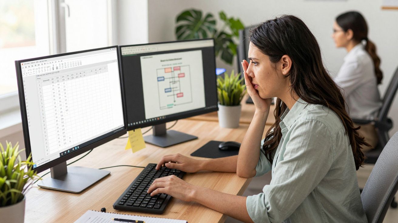 Mujer concentrada frente a dos monitores con hojas de cálculo y diagramas en una oficina moderna.