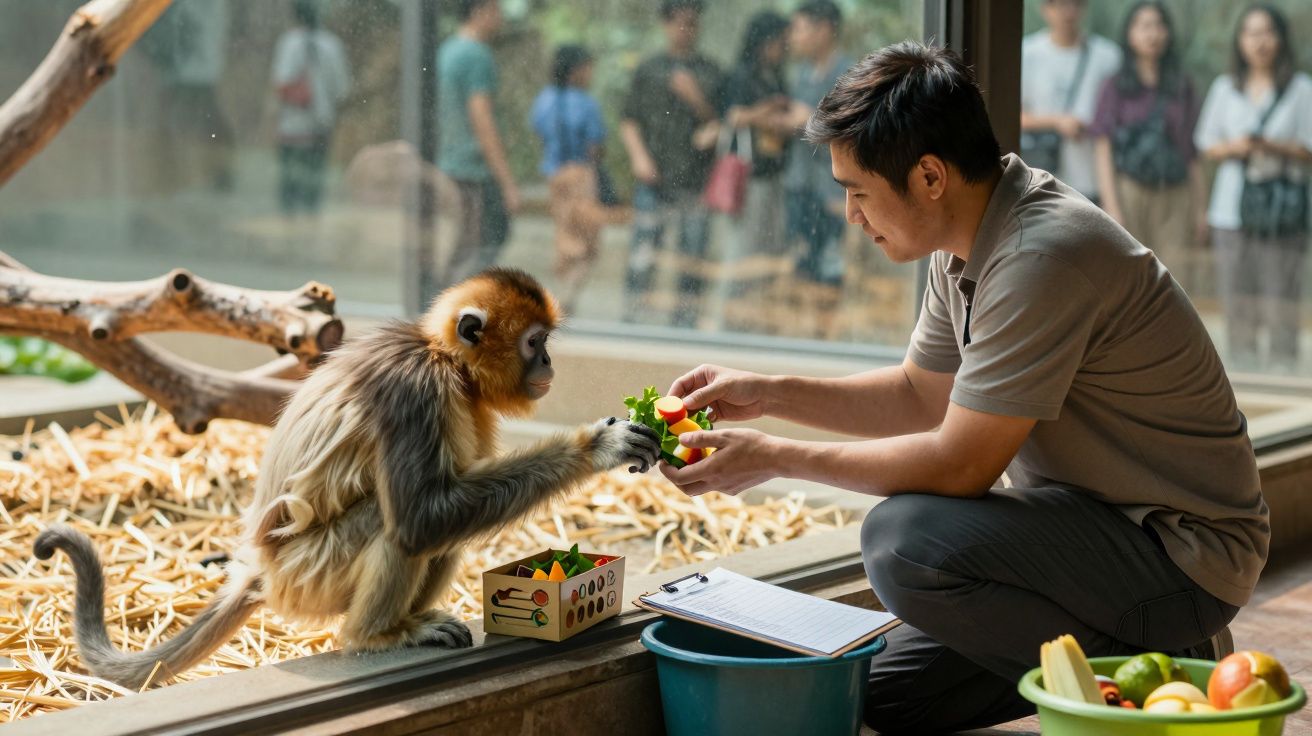 Cuidador alimenta a un mono dorado a través del cristal, rodeado de frutas y verduras en un zoológico.