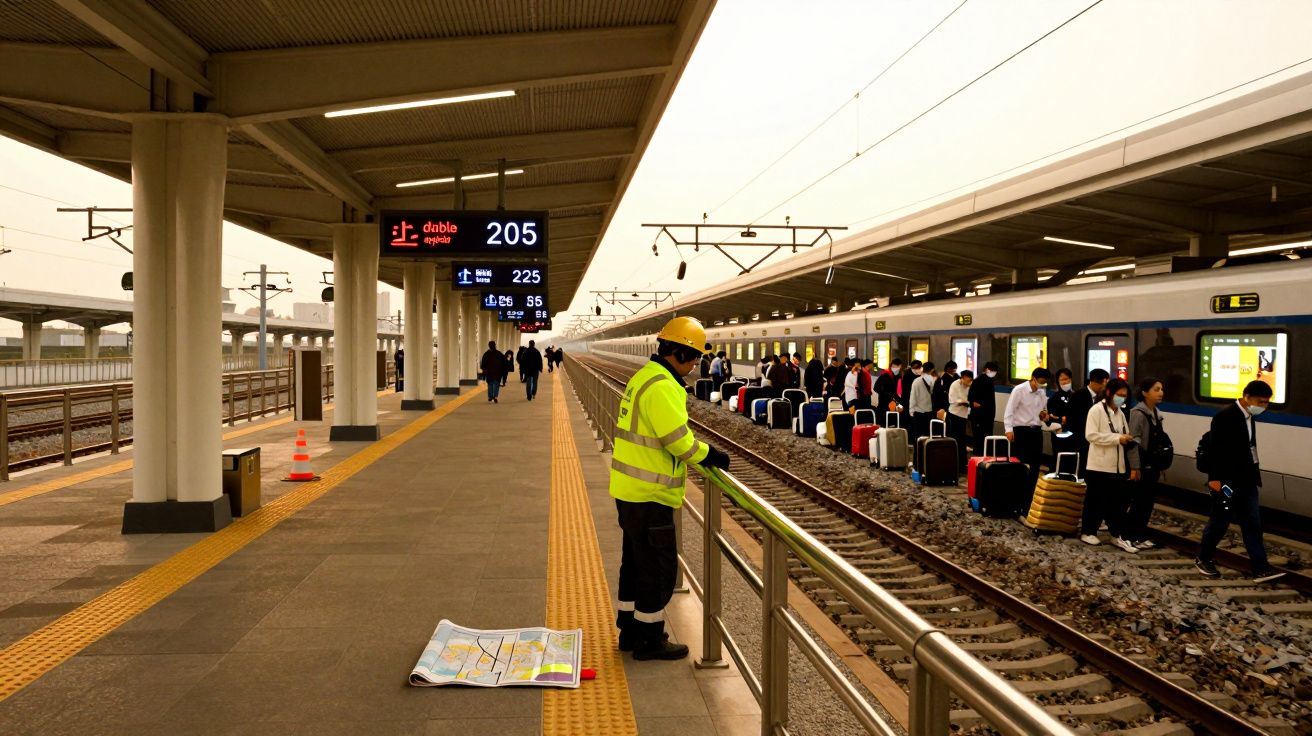 Obrero con chaleco y casco en estación de tren mientras pasajeros abordan; mapa en el suelo, tren y señal de salida.