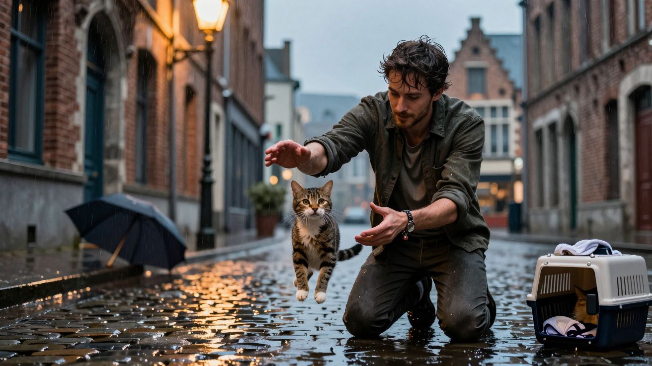 Hombre de rodillas en calle húmeda, intentando atrapar un gato. Paraguas y transportín al lado, en entorno urbano lluvioso.