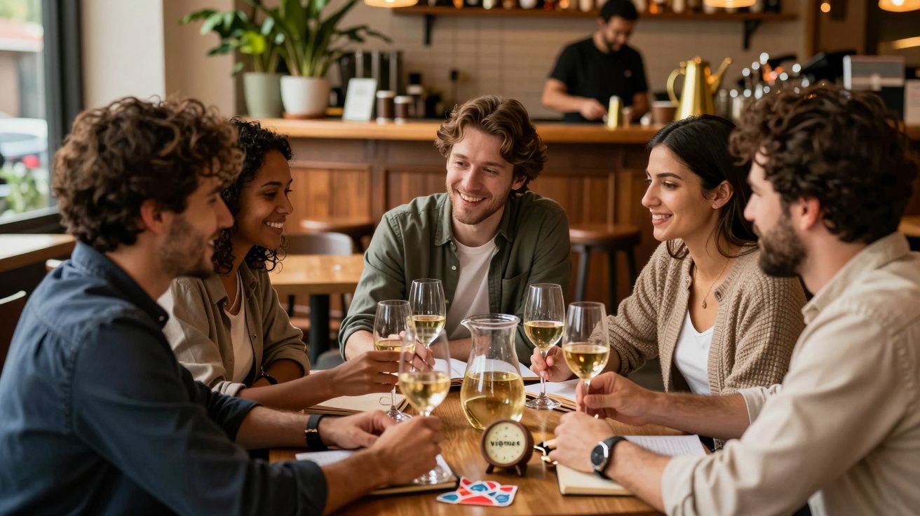Cinco personas brindan con copas de vino en un café acogedor, sonriendo y disfrutando de una conversación animada.