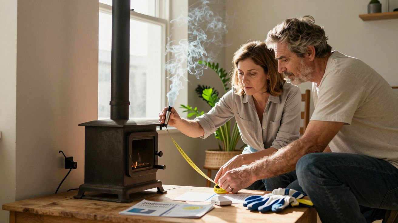 Pareja madura midiendo junto a una estufa de leña en una sala iluminada por el sol.