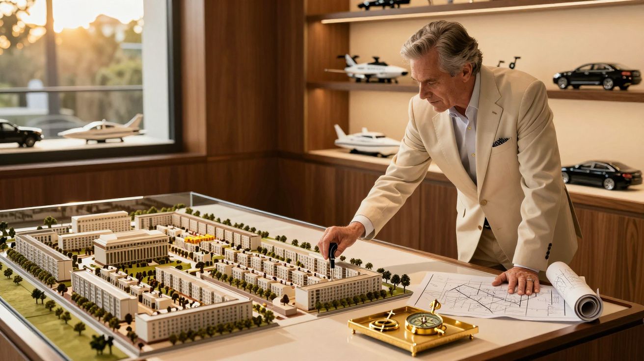 Hombre revisando una maqueta arquitectónica detallada en una oficina iluminada por la tarde.