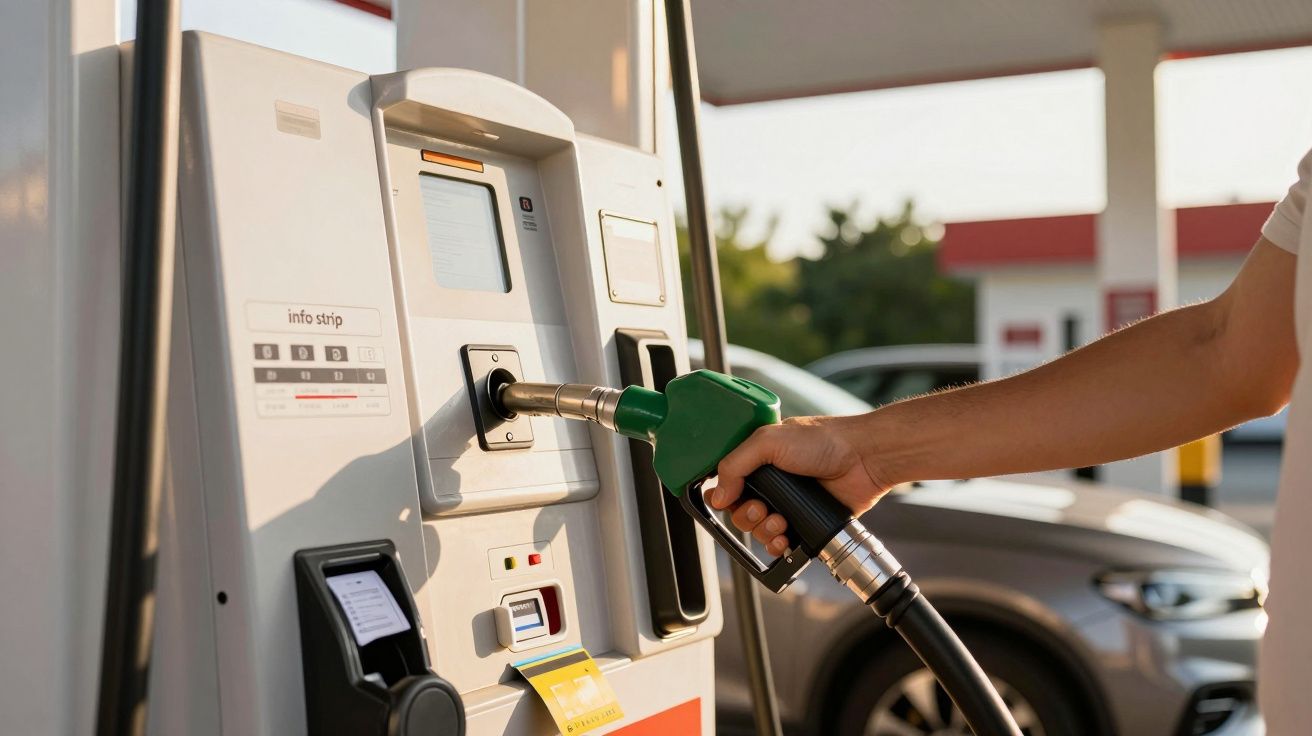 Persona repostando combustible en una gasolinera, sosteniendo una manguera de gasolina con boquilla verde.