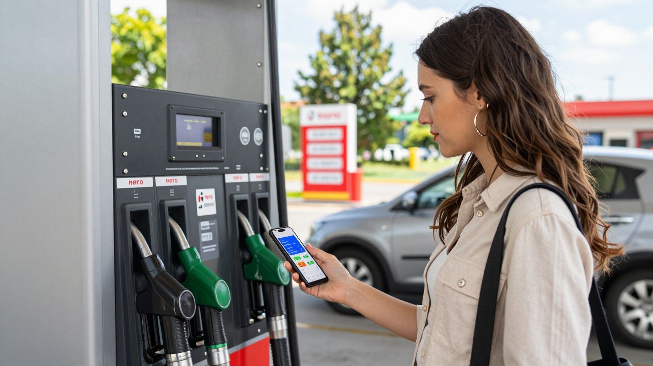Mujer en gasolinera utilizando su móvil para pagar, mientras se encuentra junto a un surtidor de gasolina.