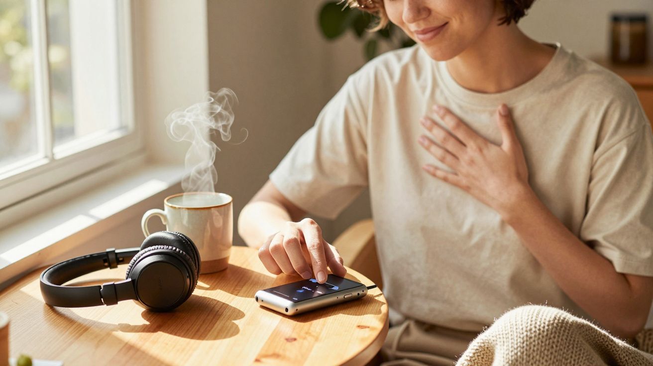 Mujer sonriente con camiseta beige toca un móvil en una mesa de madera, junto a unos auriculares y una taza humeante.