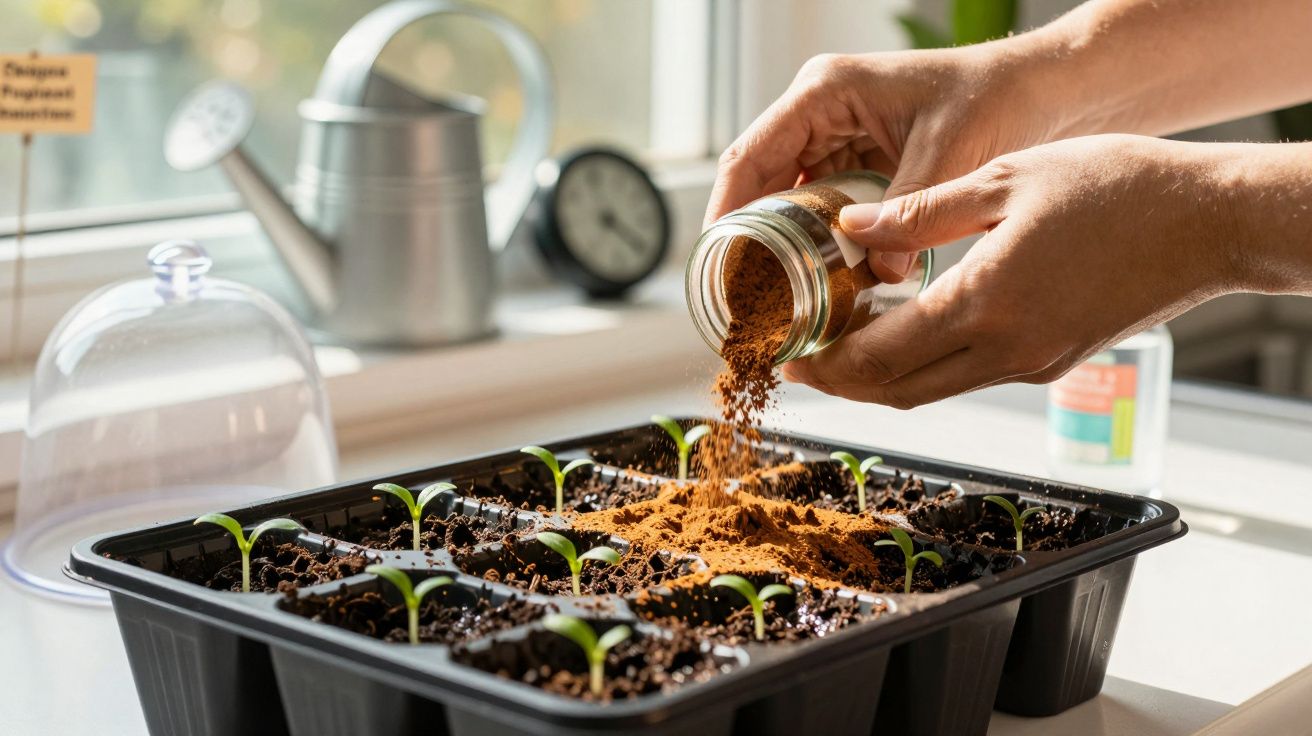 Manos esparciendo tierra sobre brotes en bandeja de semillero junto a una regadera sobre una mesa cercana a la ventana.