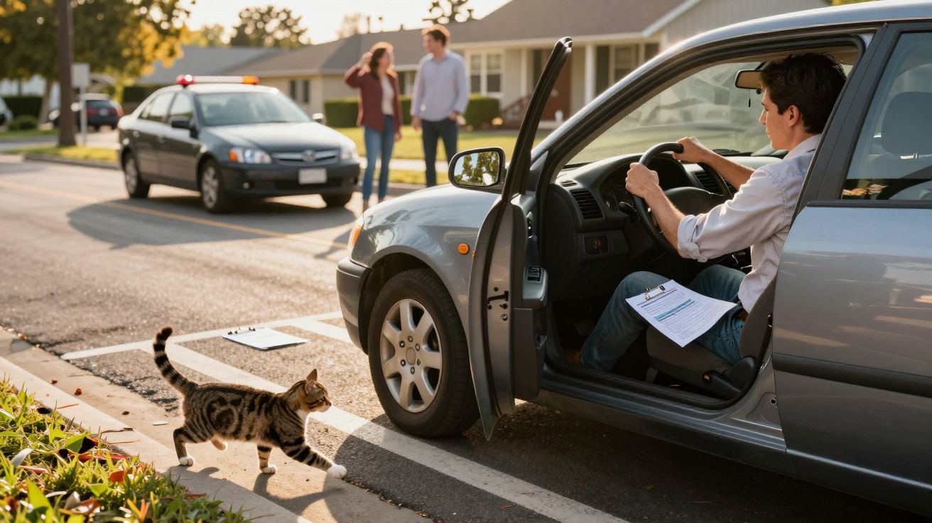 Conductor en un coche detenido observa a un gato cruzando la calle, mientras personas y otro coche están al fondo.
