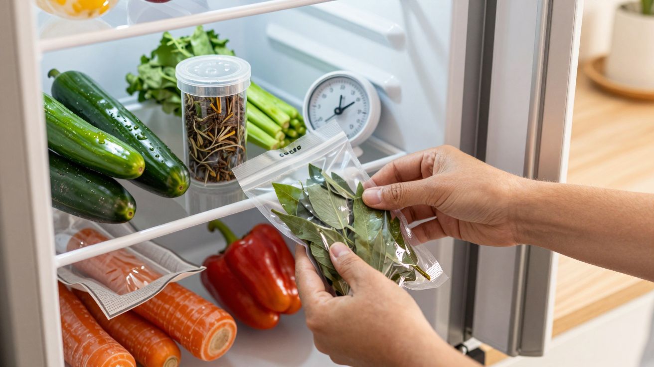 Manos organizando verduras y hierbas en una nevera, con pepinos, pimiento rojo y zanahorias.