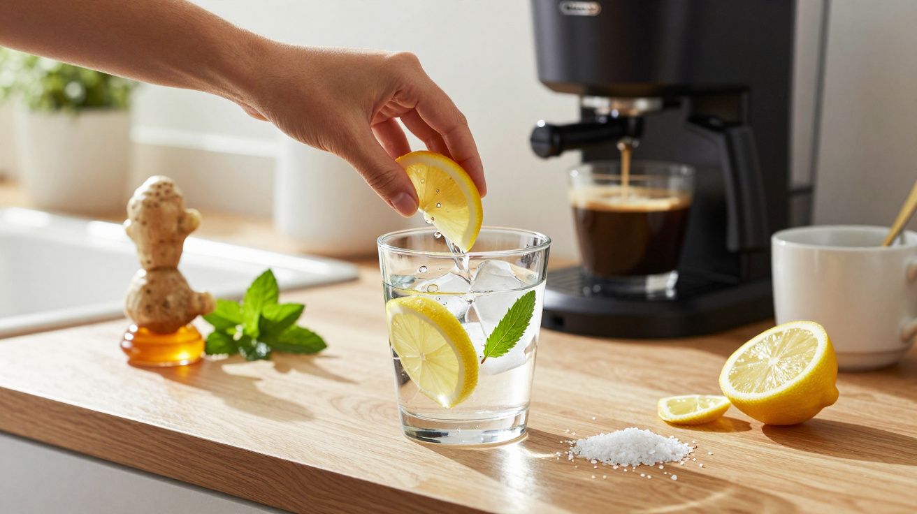 Mano colocando rodaja de limón en vaso de agua sobre encimera, junto a café y limón cortado.