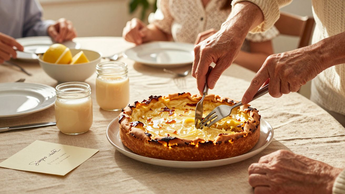 Manos sirviendo pastel en una mesa con leche y rodajas de limón.