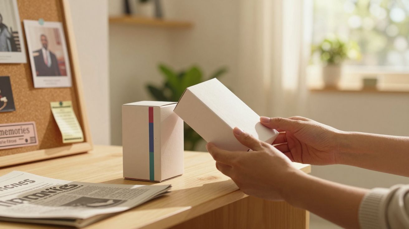 Manos sosteniendo una caja blanca cerca de un escritorio con periódico y un tablero con fotos y notas.