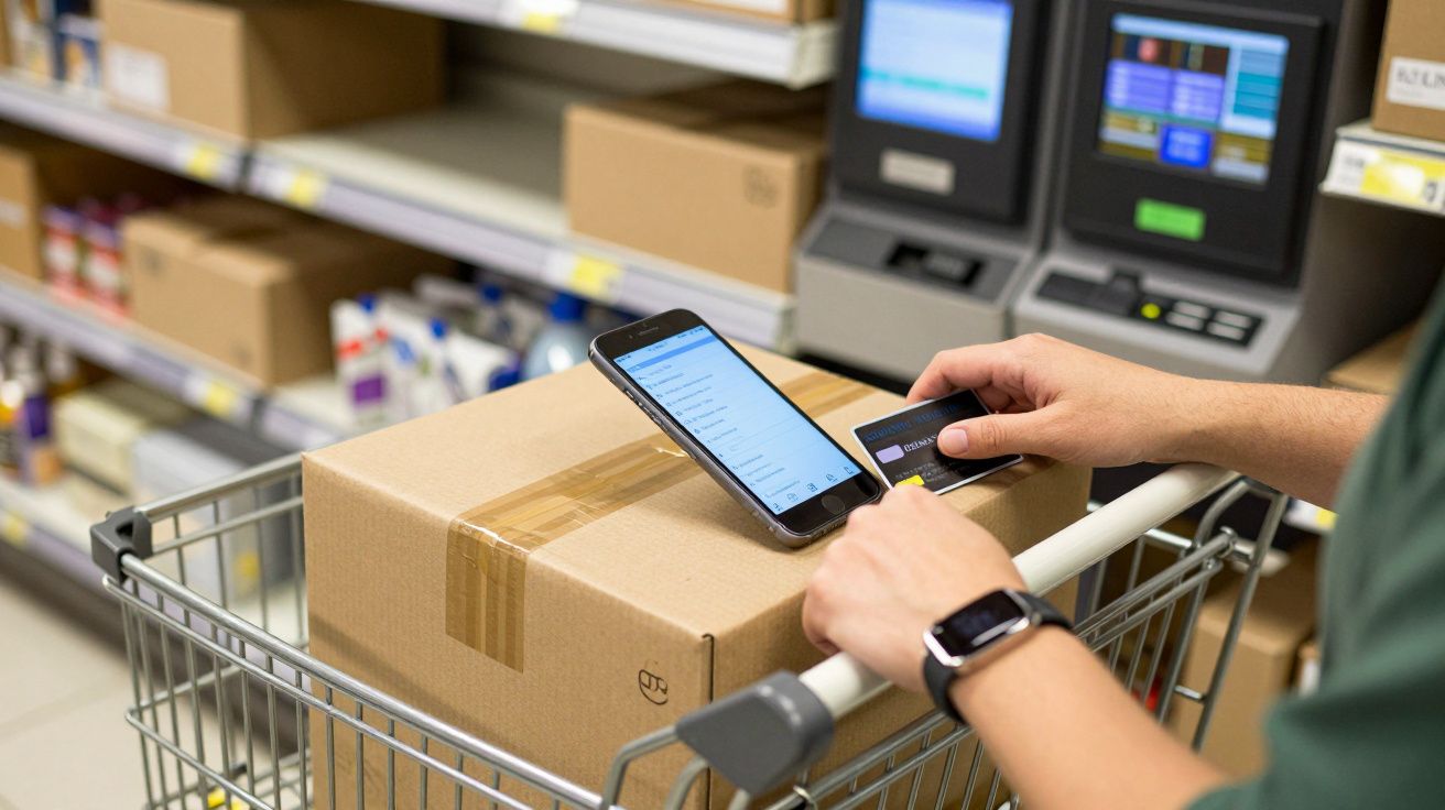 Persona en tienda escaneando caja con móvil y tarjeta de crédito en carrito de compras.