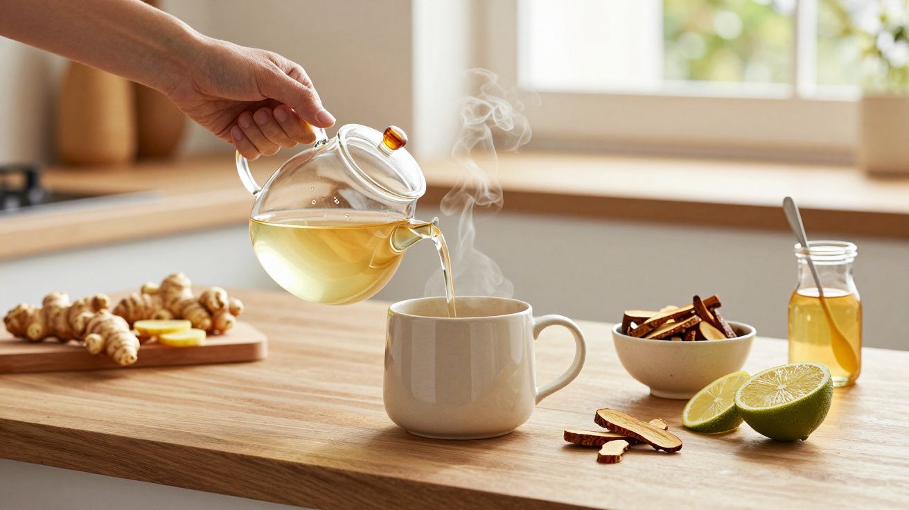 Mano vertiendo té humeante en taza, con jengibre, limón y miel sobre la encimera de una cocina iluminada.