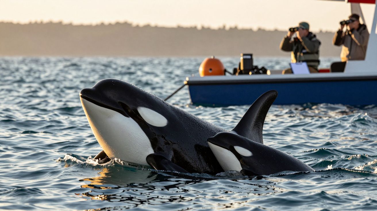 Orcas nadando cerca de un barco con dos personas observándolas a través de binoculares.