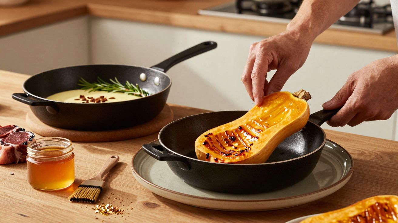 Manos colocando calabaza asada en sartén sobre encimera de cocina, junto a miel y utensilios.