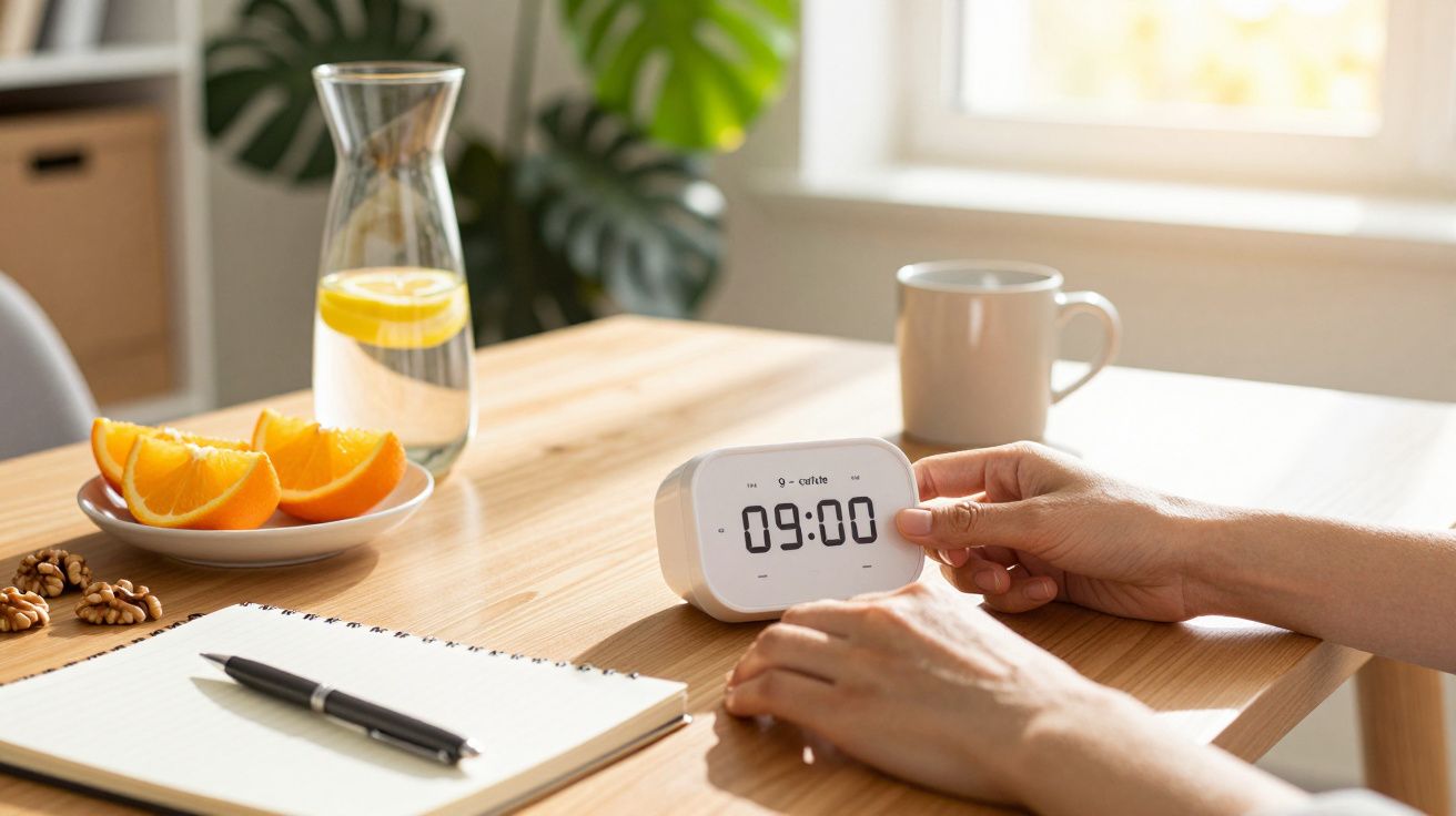 Mano ajustando despertador digital en mesa de desayuno con naranjas, nueces y libreta, junto a jarra de agua y taza.