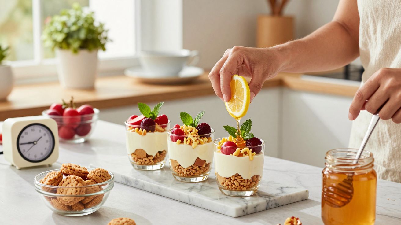 Mano exprimiendo limón sobre postres de yogur con frutas y frutos secos en una cocina luminosa.