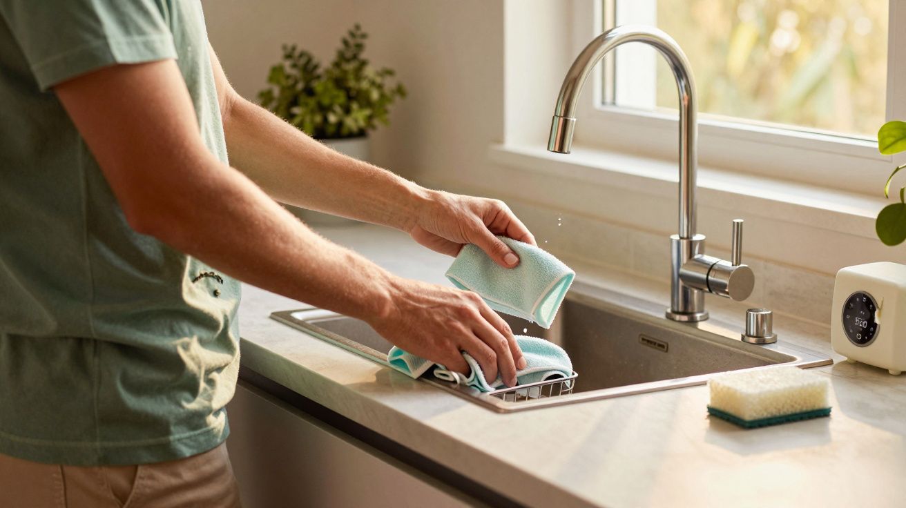 Persona lavando platos en el fregadero de una cocina iluminada por la luz natural, con esponja y paño húmedo.