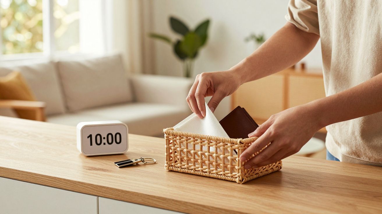 Persona colocando una servilleta en una cesta de mimbre sobre una mesa junto a un reloj digital marcando las 10:00.