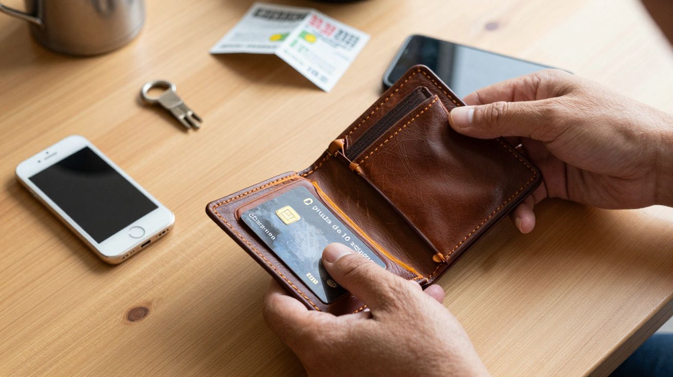 Manos sosteniendo una cartera de cuero abierta con una tarjeta. Sobre la mesa hay un móvil, llaves y billetes.