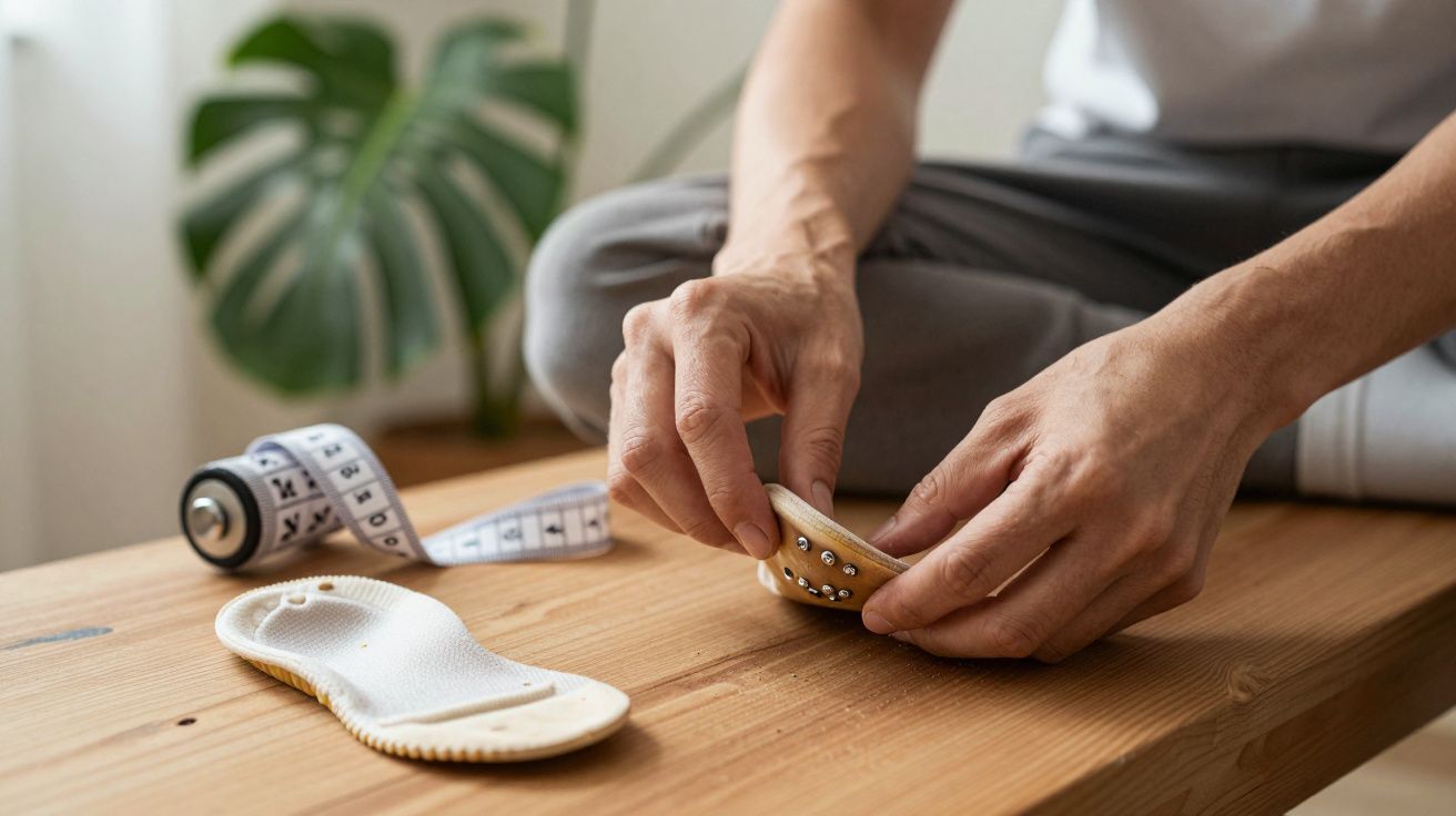 Manos ajustando una plantilla ortopédica sobre una mesa de madera con una cinta métrica en el fondo.