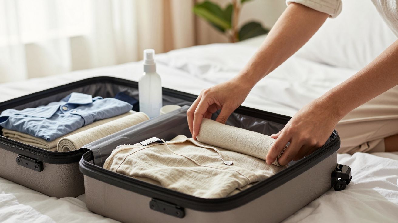 Persona empacando ropa en una maleta abierta sobre una cama, junto a una botella de spray.