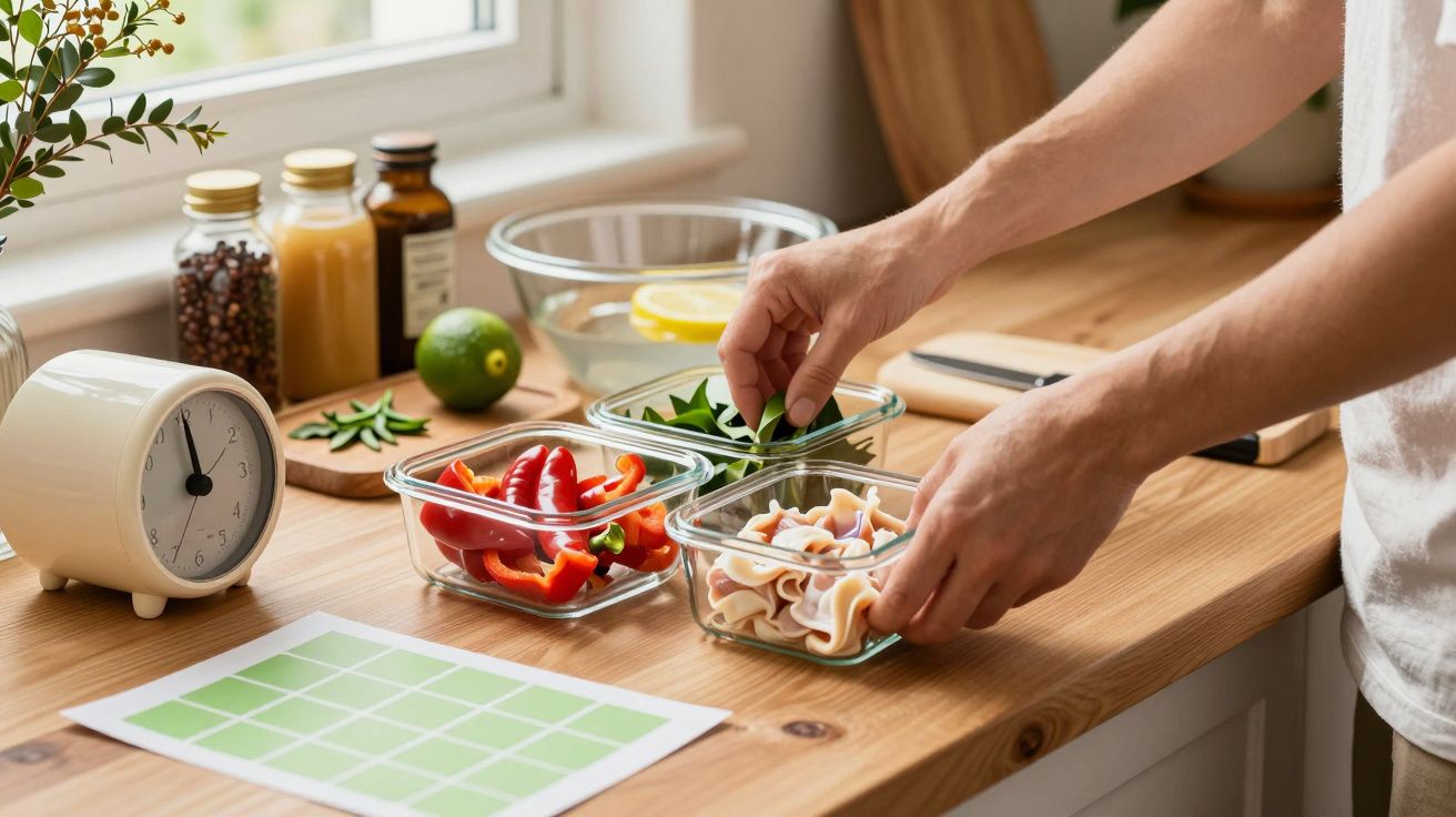 Persona preparando alimentos frescos en recipientes de vidrio sobre una encimera de cocina con un reloj y un cuaderno.