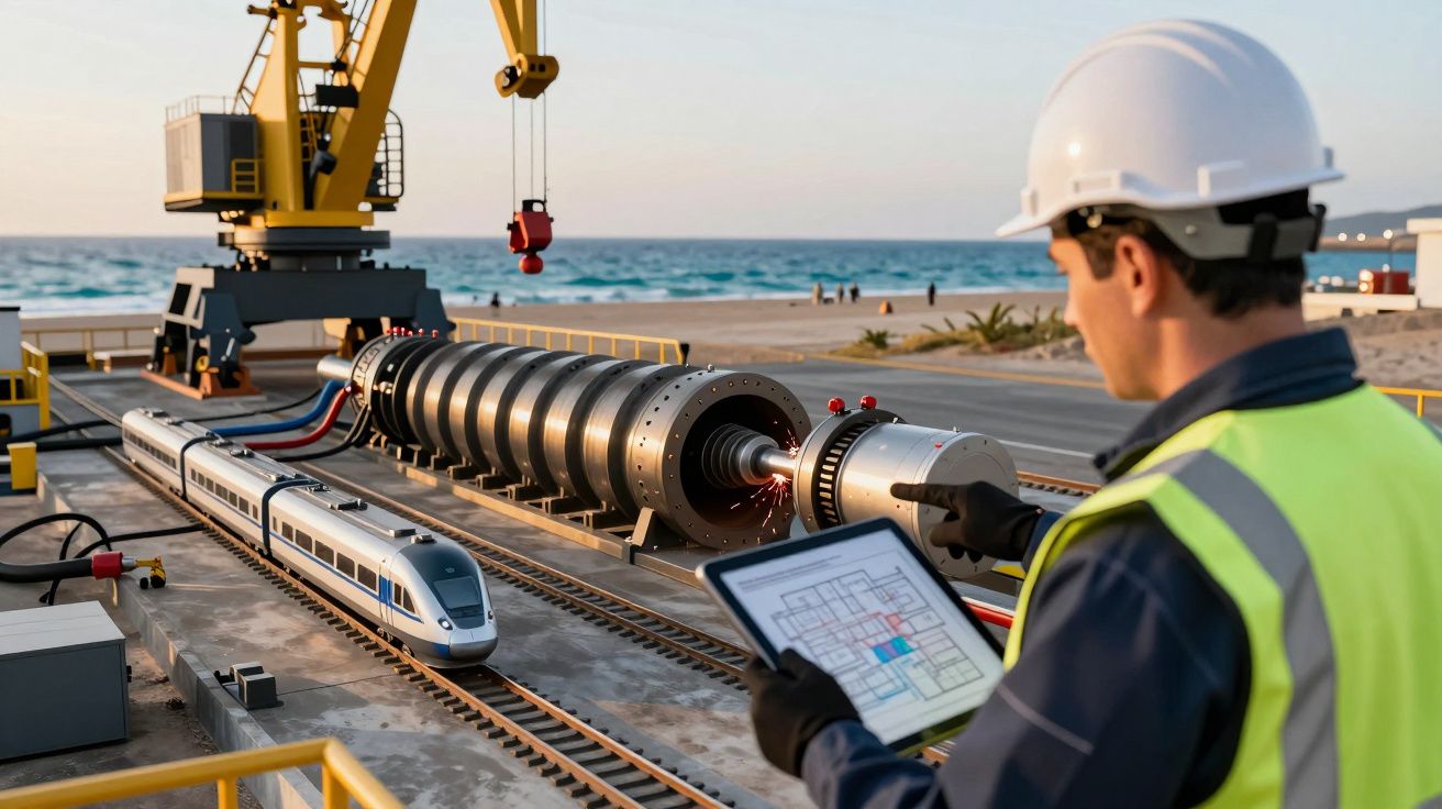 Ingeniero supervisa maqueta de tren y maquinaria industrial junto al mar usando una tableta táctil.