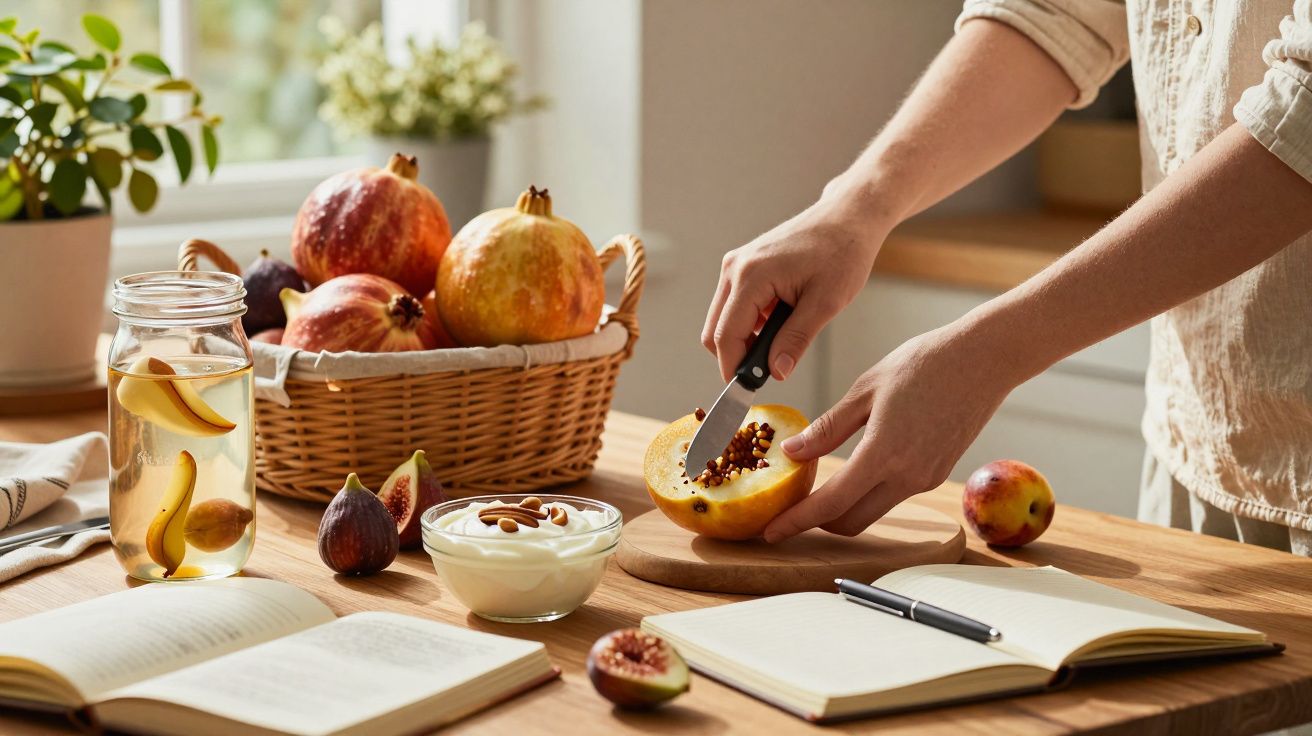Manos cortando una granada junto a un cuaderno, yogurt y frutas en una mesa de cocina iluminada por el sol.