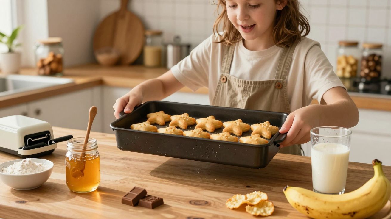 Niña preparando galletas en forma de estrella en una cocina, con ingredientes como leche, plátano y miel en la mesa.