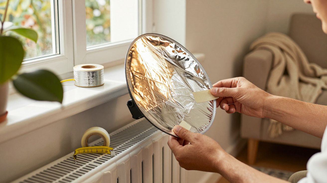 Manos sosteniendo pantalla reflectante junto a ventana y radiador en salón iluminado.