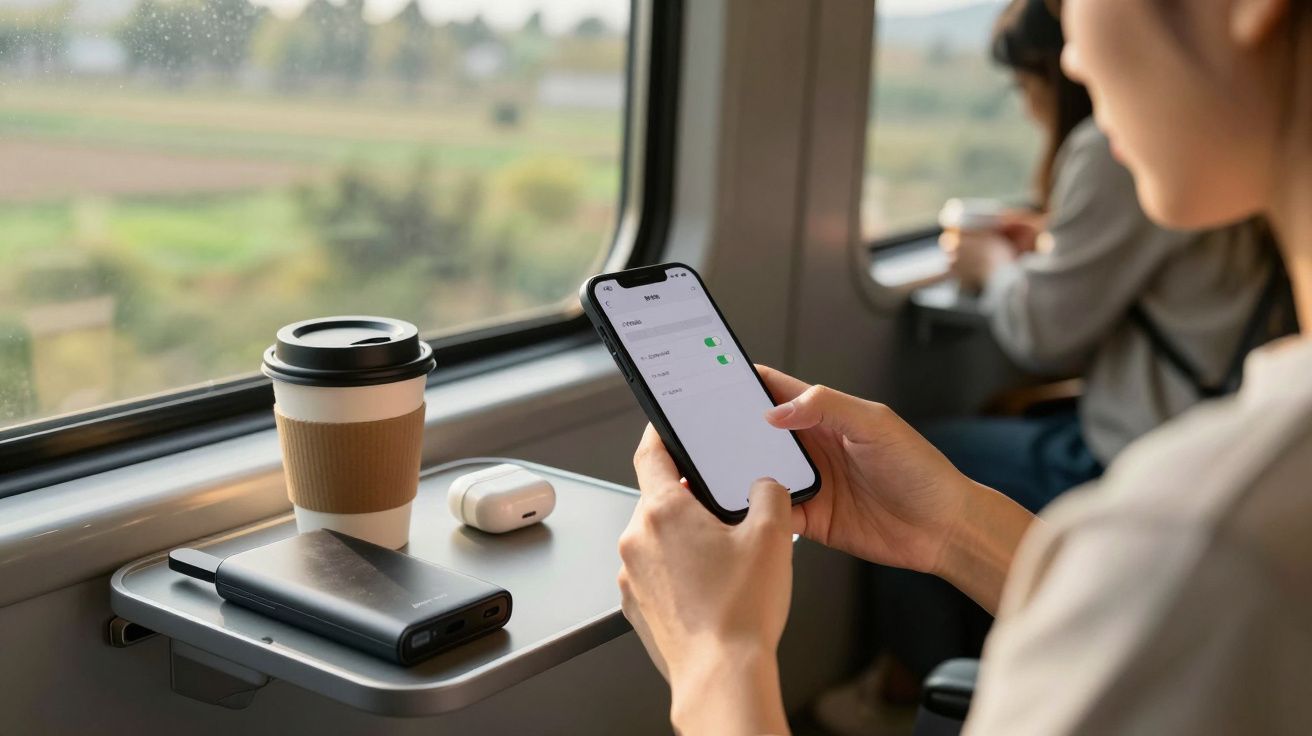 Persona usando un móvil en un tren. En la mesa, vaso de café, batería portátil y auriculares. Paisaje exterior visible.